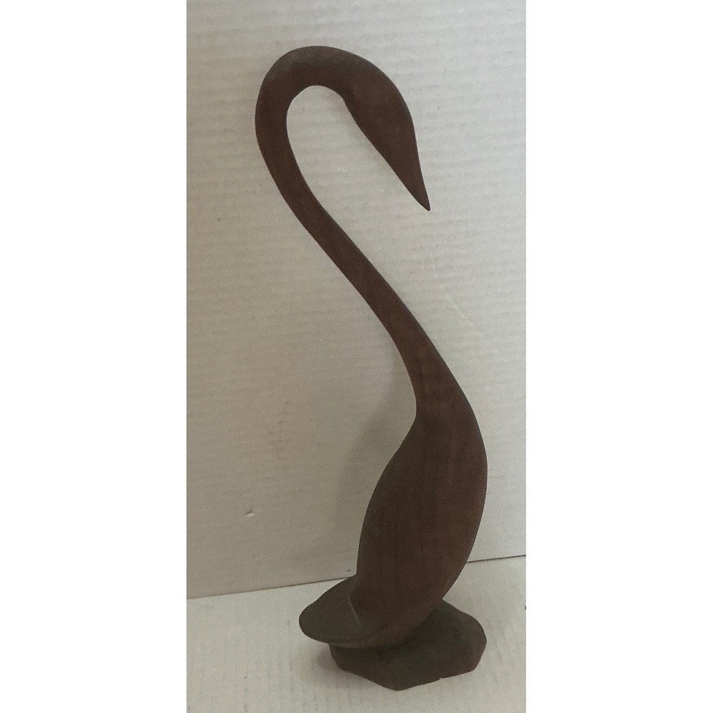 Vintage Wooden Swan Figurine Hand Carved MCM Decor Brown Small